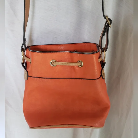Bueno Orange Crossbody Bag with Metal Hardware. Pull String Closure. 9x9 - Picture 6 of 7